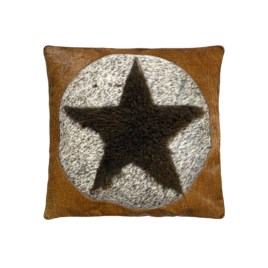 Bison/Cowhide Hair-On Pillow Cover | Star Patchwork Design – 20" x 20"