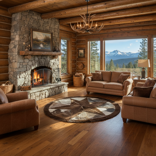 Cowhide/Bison Hair-On Round Rug | Bison Interior Patchwork Design 5' Diameter