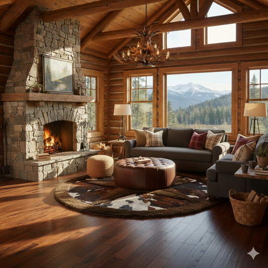 Cowhide/Bison Hair-On Round Rug | Bison Interior Patchwork Design 6' Diameter