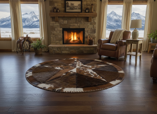 Cowhide/Bison Hair-On Round Rug | Bison Exterior Patchwork Design 6' Diameter