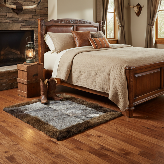 Bison/Cowhide Hair-On Rectangular Rug | bison exterior - Diagonal Patchwork Design – 2' x 3'