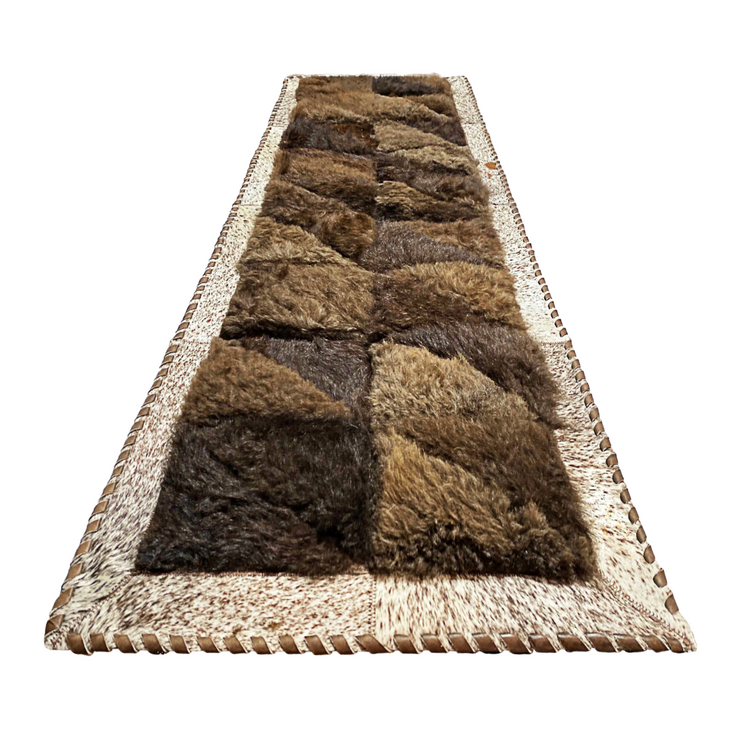 Cowhide/Bison Hair-On Rectangular Rug | Bison Interior - Diagonal Patchwork Design – 2' x 6'