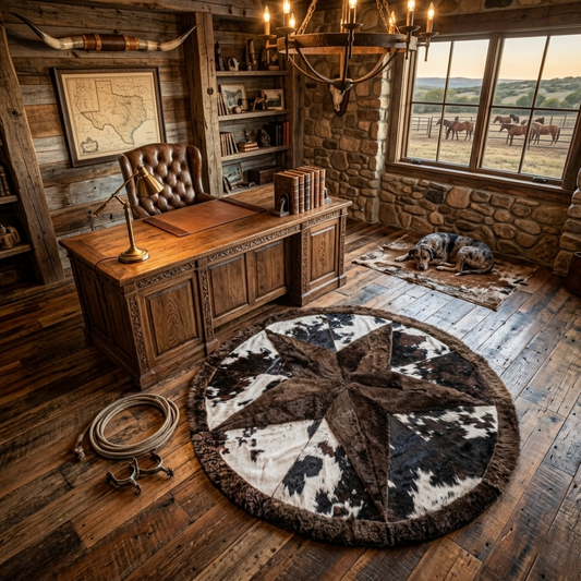 Cowhide/Bison Hair-On Round Rug | Bison Interior Patchwork Design 3.5' Diameter