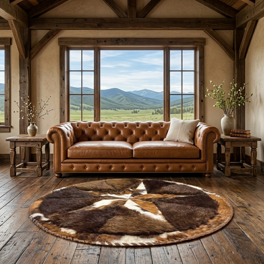Cowhide/Bison Hair-On Round Rug | Bison Exterior Patchwork Design 6' Diameter