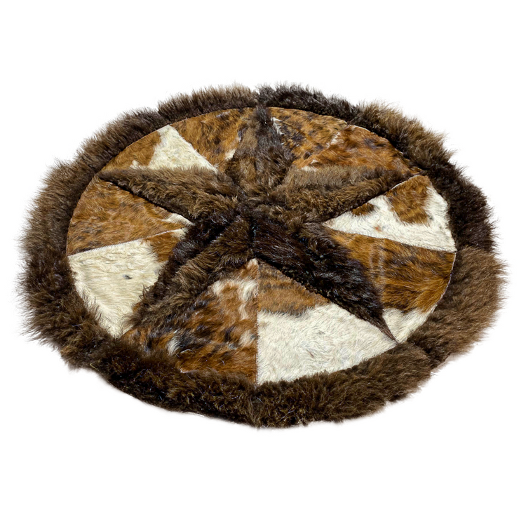 Cowhide/Bison Hair-On Round Rug | Bison Interior Patchwork Design 3.5' Diameter