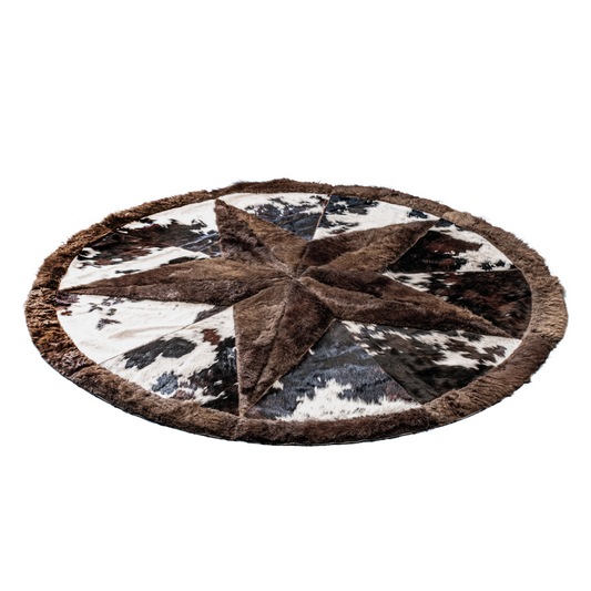 Cowhide/Bison Hair-On Round Rug | Bison Star background Patchwork Design 6' Diameter