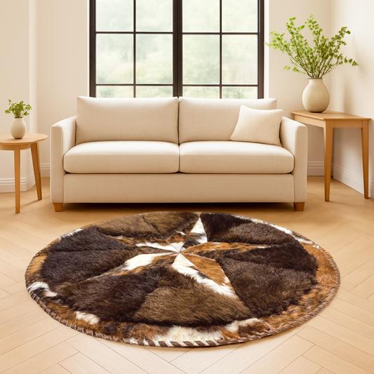 Cowhide/Bison Hair-On Round Rug | Bison Star background Patchwork Design 6' Diameter