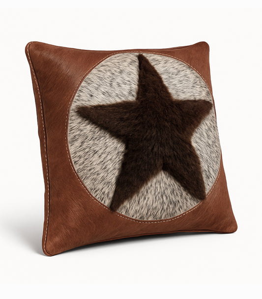 Bison/Cowhide Hair-On Pillow Cover | Star Patchwork Design – 20" x 20"