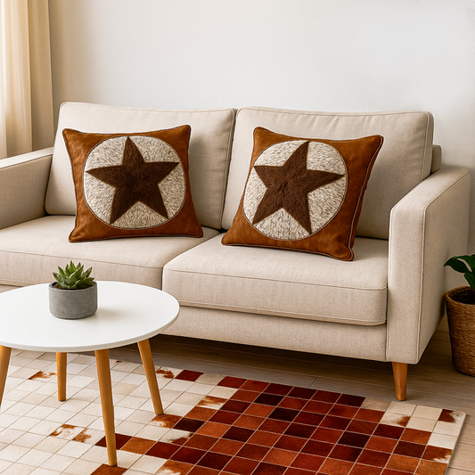 Bison/Cowhide Hair-On Pillow Cover | Star Patchwork Design – 20" x 20"