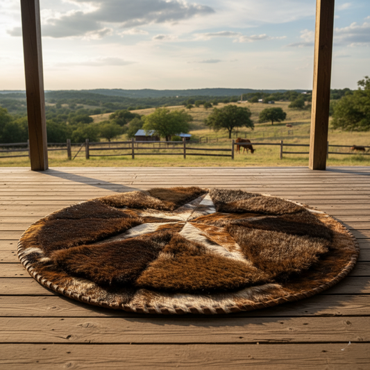 Cowhide/Bison Hair-On Round Rug |  Bison Exterior Patchwork Design 5' Diameter