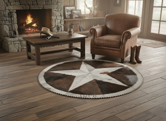 Cowhide/Bison Hair-On Round Rug |  Bison Exterior Patchwork Design 3.5' Diameter