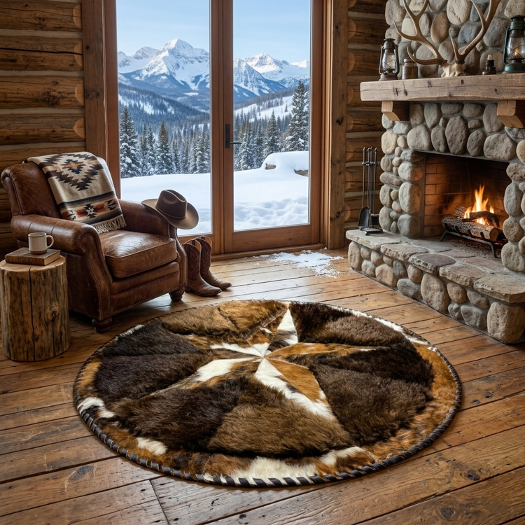 Cowhide/Bison Hair-On Round Rug |  Bison Exterior Patchwork Design 3.5' Diameter