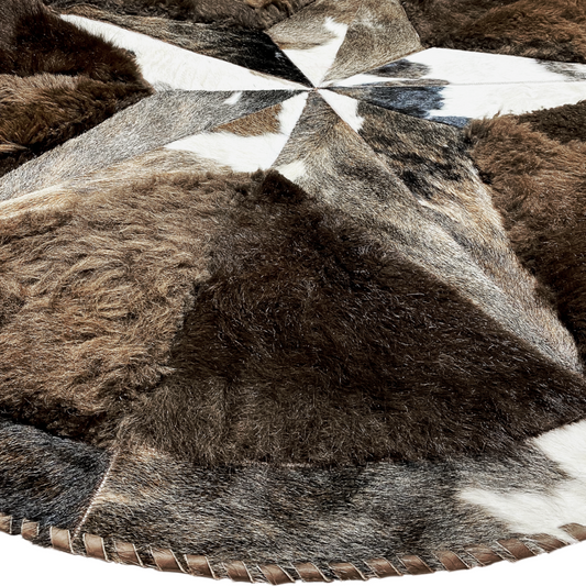 Cowhide/Bison Hair-On Round Rug | Star Patchwork Design 5' Diameter